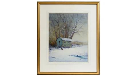 William Baker, Snow Dusted Shepherd's Hut, watercolour