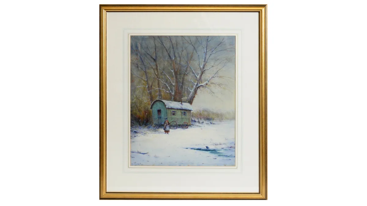 Snow Dusted Shepherd's Hut by William Baker, watercolour, sold Apr 2023