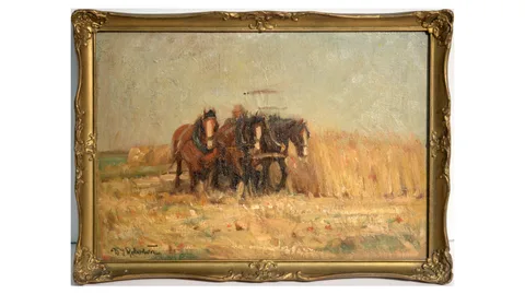 David Thomas Robertson, Hay Plough with Heavy Horses, oil on board