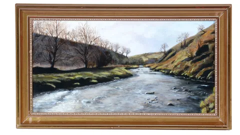 River and Rocks by 20th Century British, oil on board, sold Apr 2023