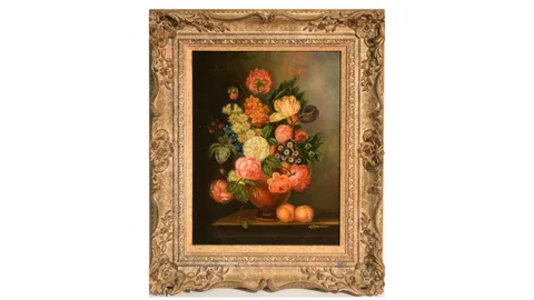 Mavis Melville Davidson, Still Life with Garden Blooms and Peaches, oil on panel
