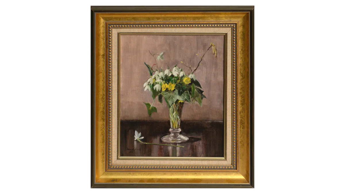 Jane Elliott, Still Life with Snowdrops and Ivy, oil on canvas