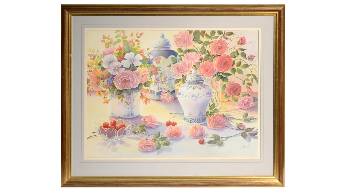 Trisha Hardwick, Still Life with Pink Roses, Cherries, and Ginger Jars, oil on board