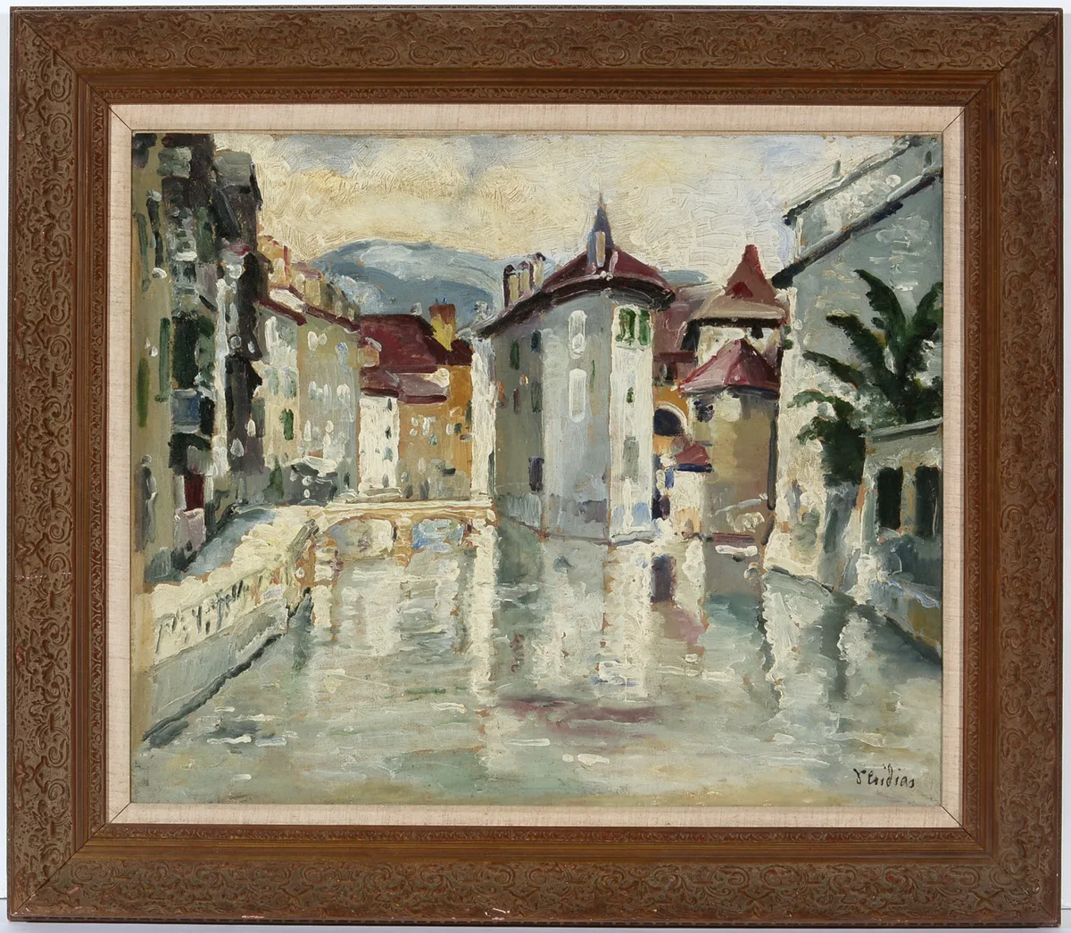 M. Phidias, Canal View, oil on canvas