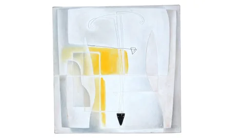 Stringed Instrument by 20th Century British, mixed media; string, repurposed tailpiece, and acrylic on canvas, sold Apr 2023
