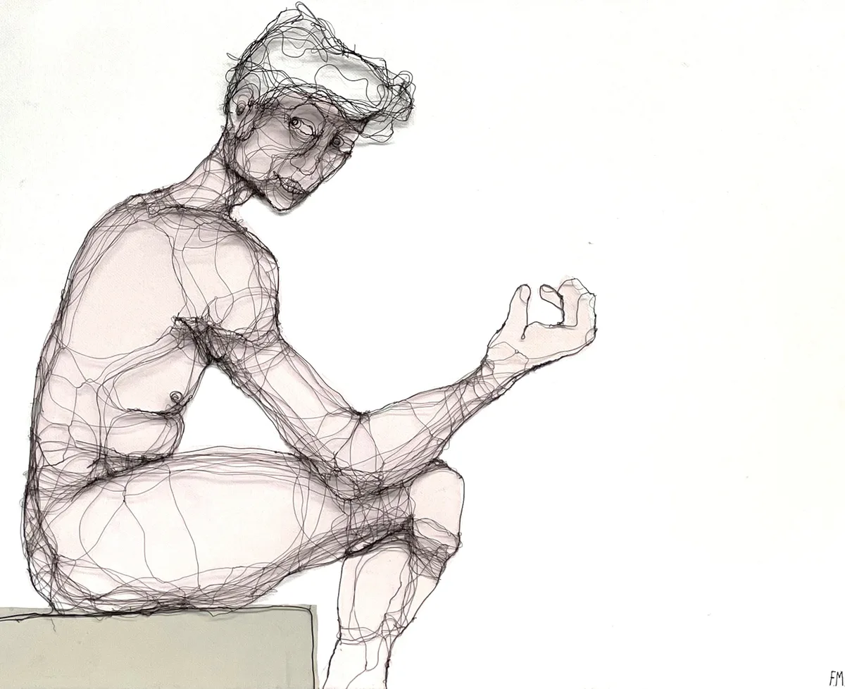 Fiona Morley, Figure Stretching Arm, wire and acrylic on box canvas