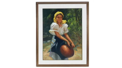 20th Century Continental, Portrait of a young lady gathering water, oil on canvas