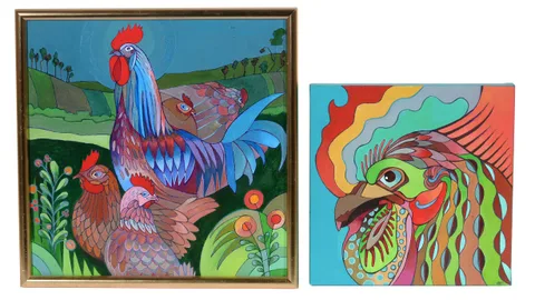 Contemporary British, A Rooster and His Birds, and Study of a Hen, acrylic on canvas