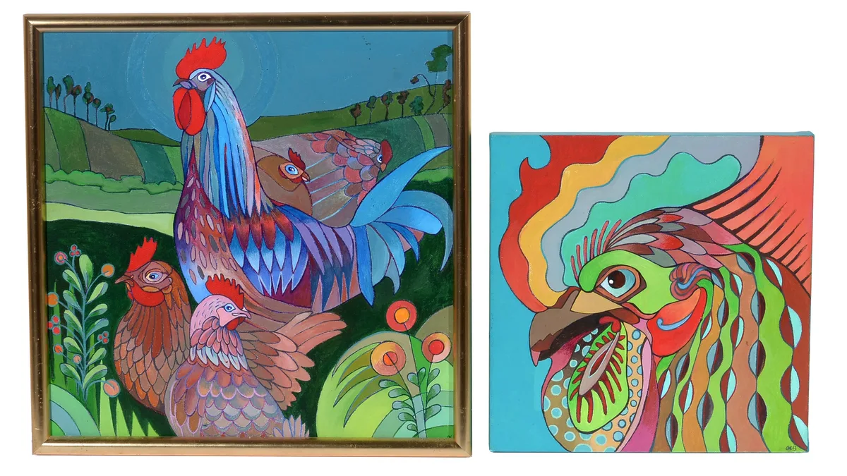 Contemporary British, A Rooster and His Birds, and Study of a Hen, acrylic on canvas