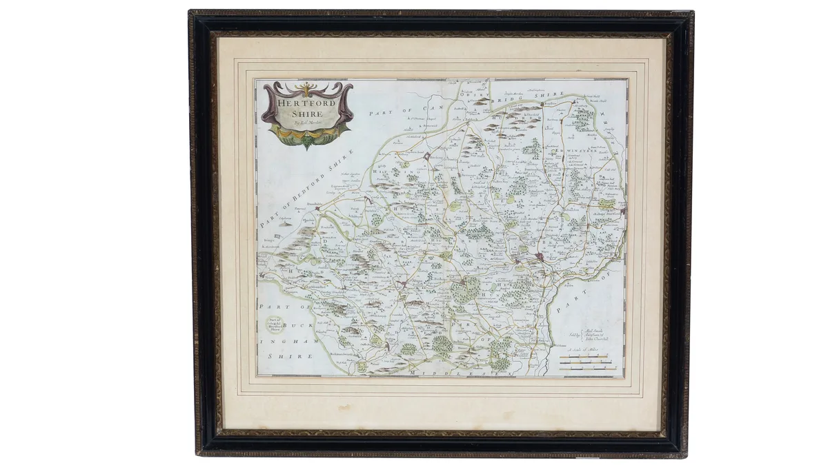 Robert Morden, Map of Hertfordshire, hand-tinted engraving