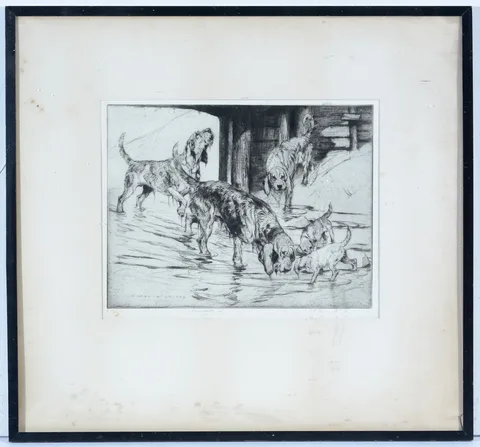 George Vernon Stokes, Otter Hounds and Pups, pencil signed to the margin
