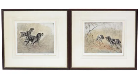 Henry Wilkinson, Spaniels in the Brush; a pair of views, pencil signed to the margins