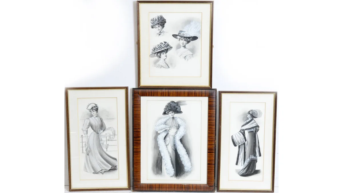 S. Jollie, Four Belle Epoque Fashion Studies, watercolour en grisaille heightened by Chinese white