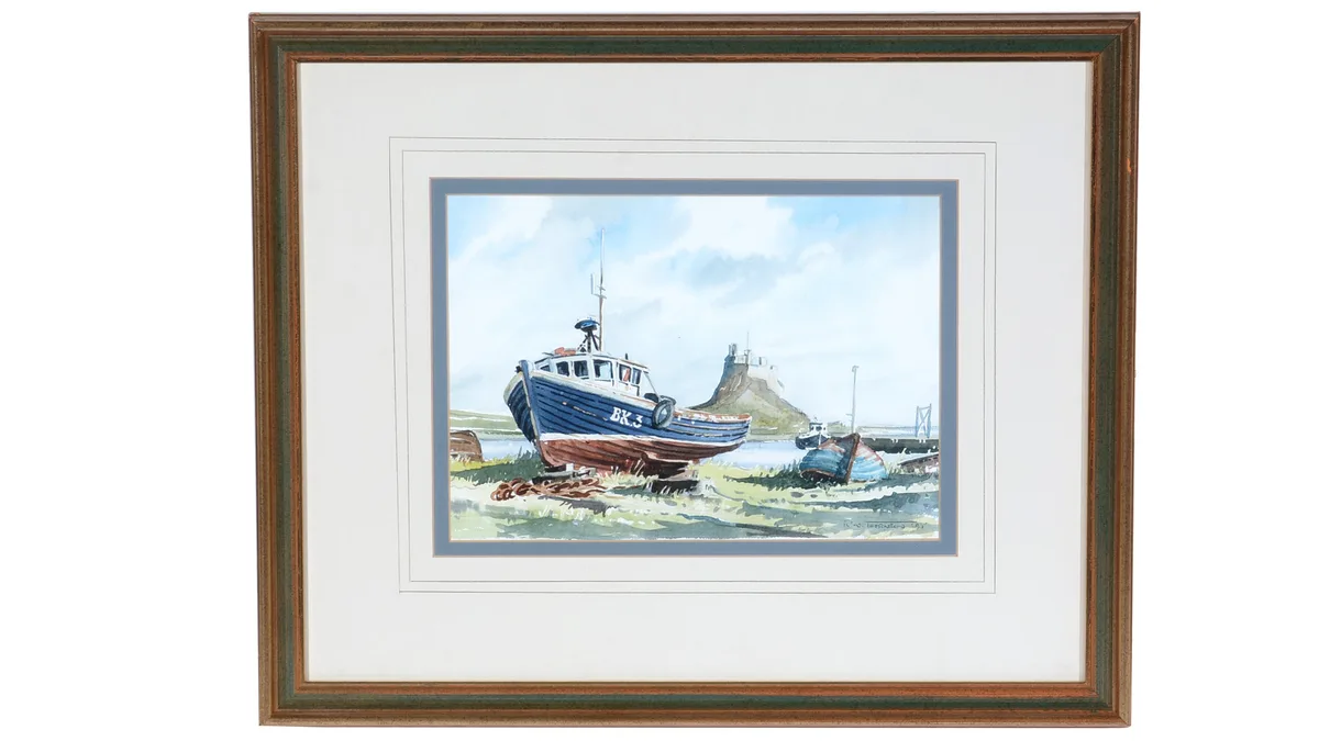 Ronald William Thornton, Fishing Boats close to Lindisfarne Castle, watercolour
