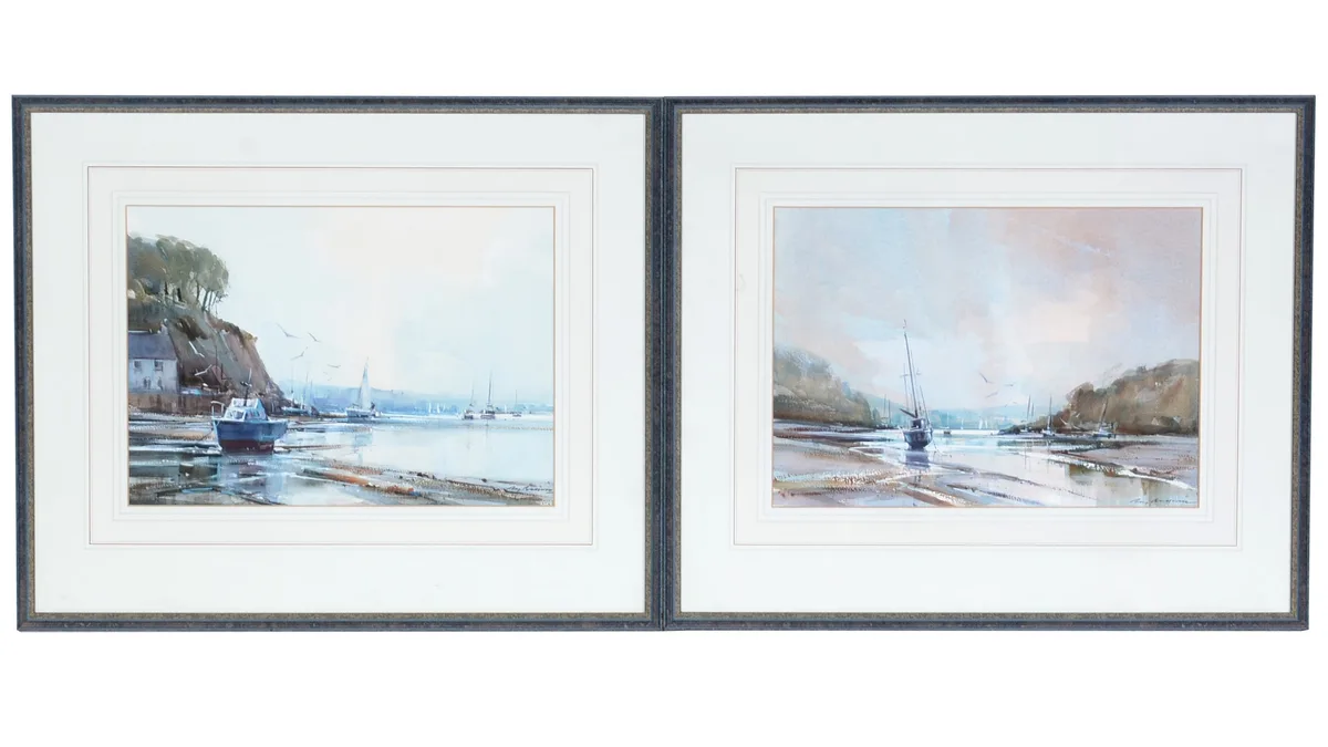 Ray Balkwill, Fishing Boats at Low Tide; a pair of views, watercolour