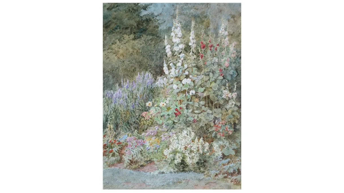 Thomas Nicholson Tyndale, A Summer Border, with Hollyhocks and Salvia, watercolour