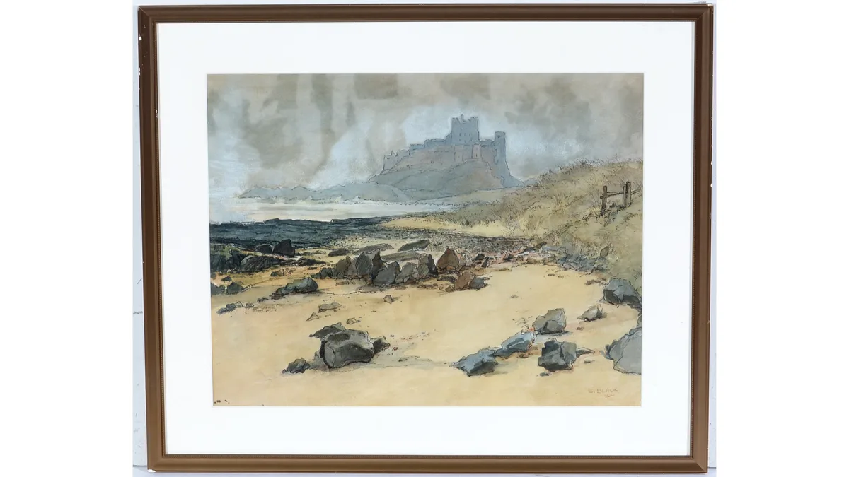 E. Black, Bamburgh Castle from the Beach, watercolour and graphite