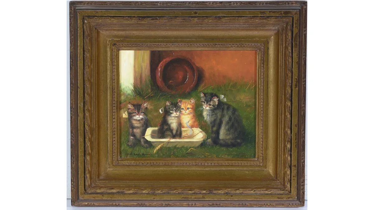 A. Malive, Four Kittens Playing with Ribbon, oil on board