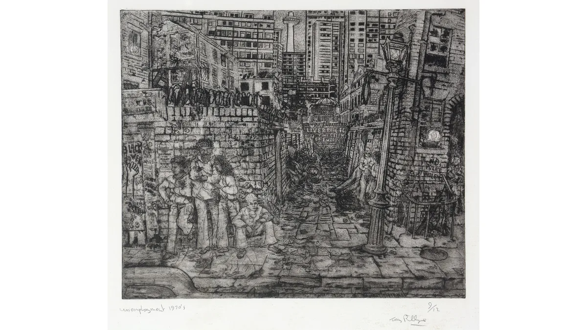 Tony Phillips, Unemployment, 1970s, limited-edition etching, from a re-worked plate, 9/12