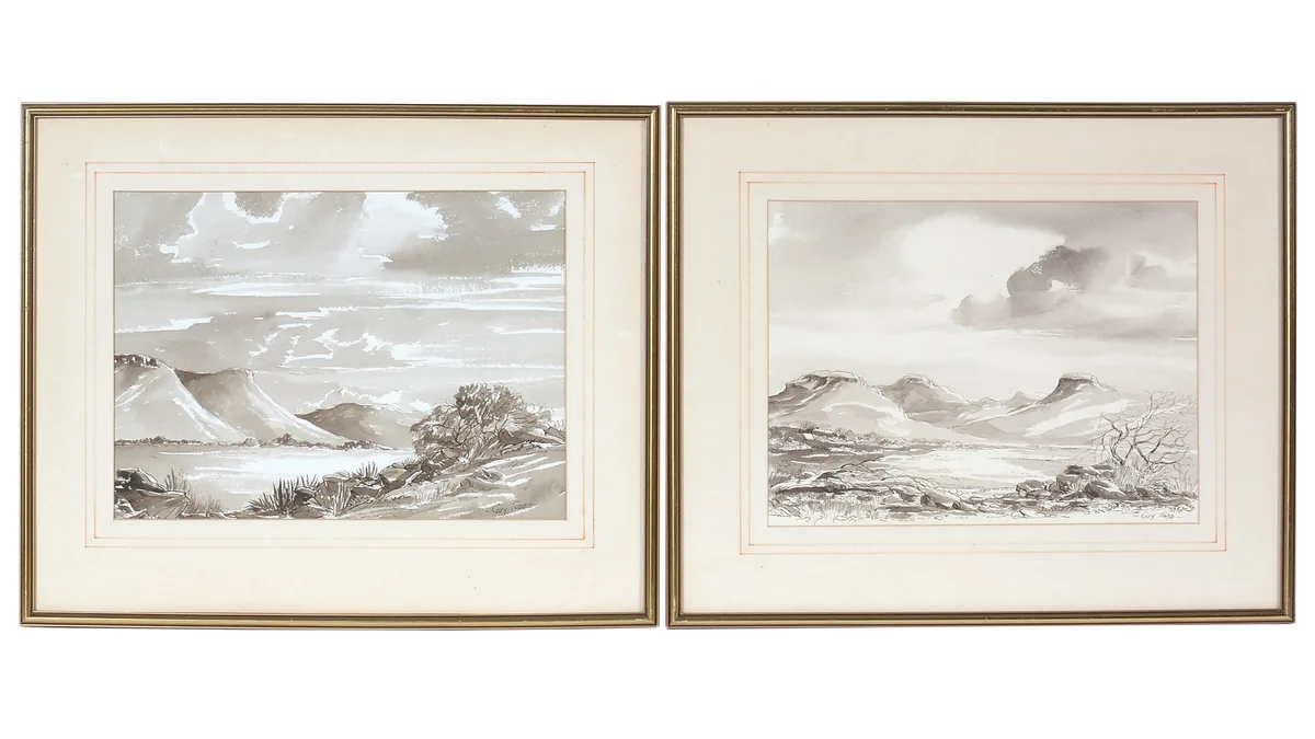 Guy Todd, Cape Mountains, and On the Edge of the Karoo, watercolour en grisaille