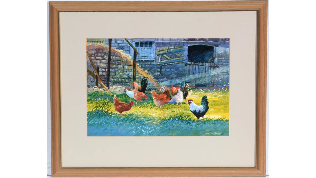 Maureen Briggs, March Morning (Chickens), watercolour