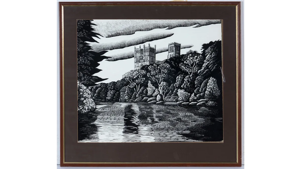 Robert Maddison, Durham Cathedral and the River Wear, oil on scraperboard