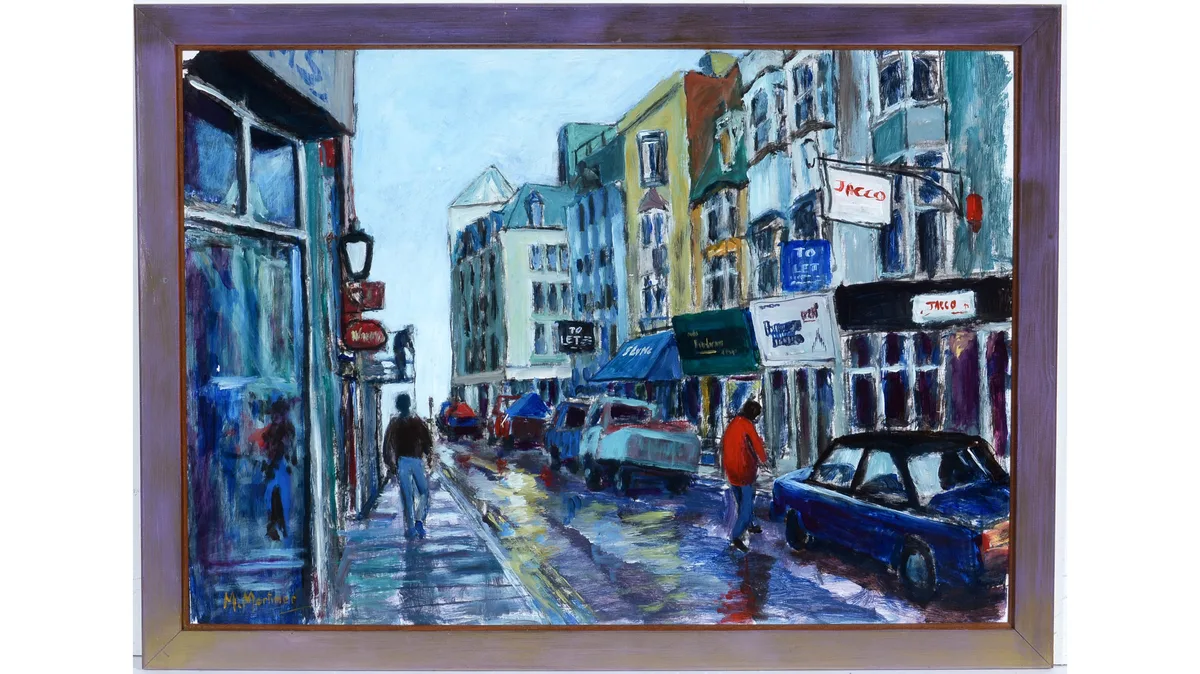 M. Mortimer, A Busy City Street, oil on paper