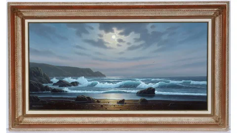 Alan Dinsdale, Moonlight, Waves, and Rocks, acrylic on canvas