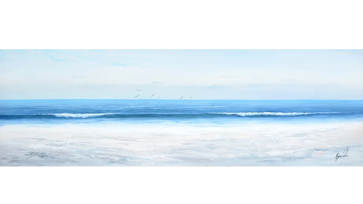 Roger Vilamont, Panoramic Seascape with Shimmering Shores and Gulls, acrylic on box canvas