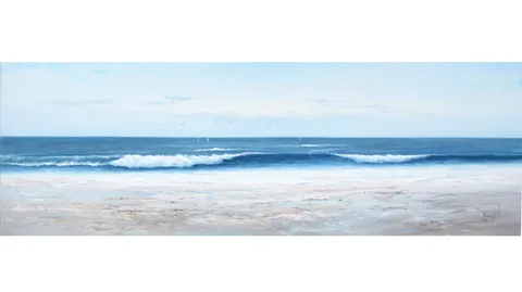 Roger Vilamont, Panoramic Seascape with Shimmering Shores and Sailboats, acrylic on box canvas