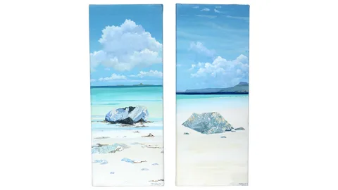 John Watling, Celtic Rock Strata and Dutchman's Cap Iona, and Celtic Rock with Ben Mora, acrylic on box canvas