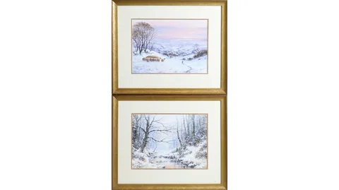 Joe Hush, Crisp Winters Eve with Crimson Sunset, and Deer Gathered by a Frozen River, acrylic