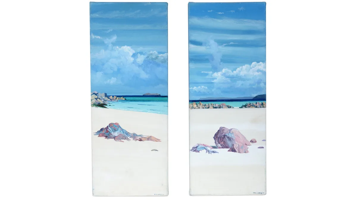 John Watling, Foreground Rocks and Distant Reidl Island, and Young Siblings, Iona - acrylic, acrylic on box canvas