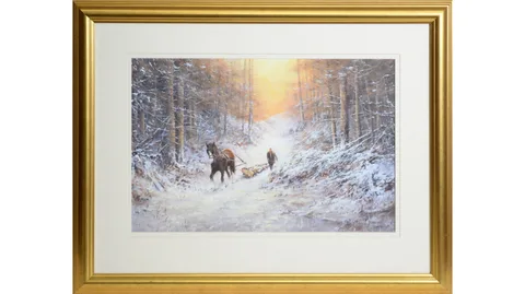 Joe Hush, Winter Logging at Duskfall, acrylic
