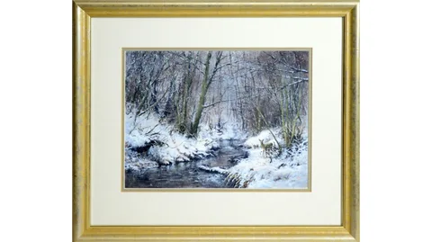 Joe Hush, Snow Dusted River and Solitary Doe, acrylic