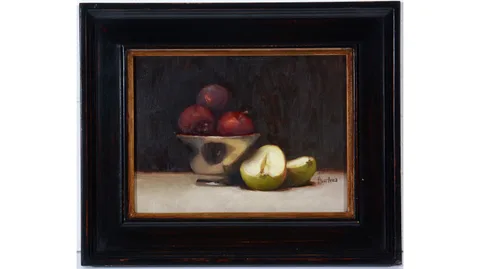 Hunter, Still Life with Pears and Plums, oil on board