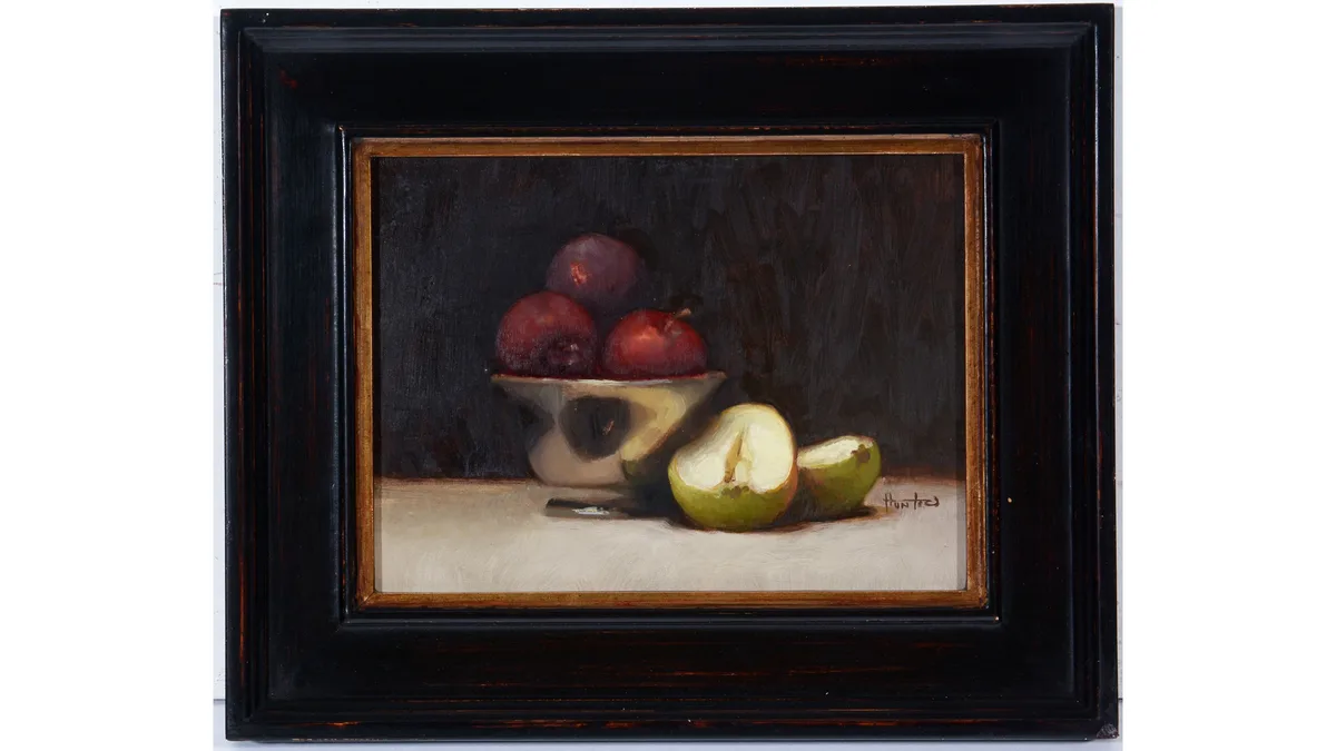 Hunter, Still Life with Pears and Plums, oil on board