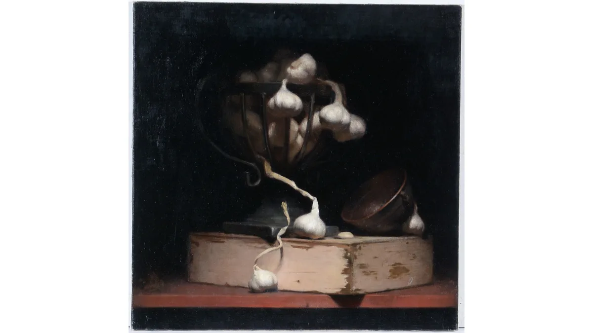 Still Life with Garlic Bulbs by Stephen Fong, oil on canvas, sold Jan 2023