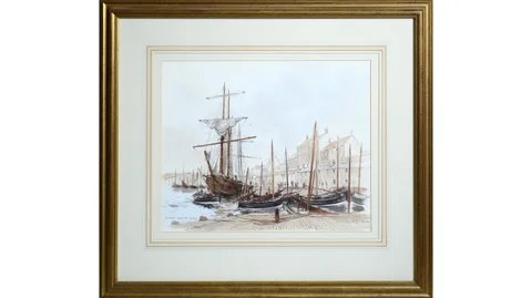 Cecil Peter Knox, Vessels Near the Bridge, watercolour