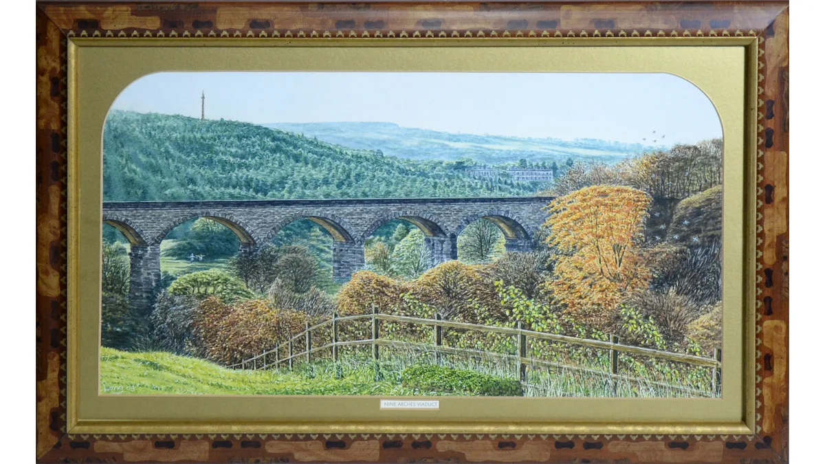 Long, Nine Arches Railway Viaduct with the Column of Liberty and Gibside Estate, watercolour