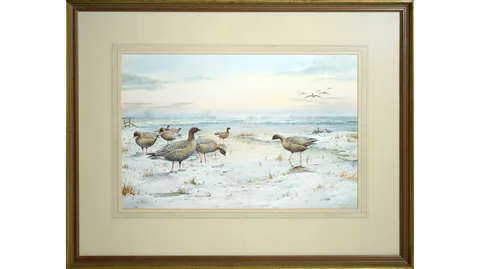 Carl Donner, Winter Geese at Dawn, watercolour