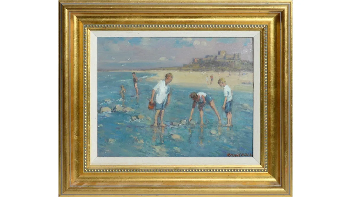 R. Marshall, Paddling at Bamburgh Beach, oil on board