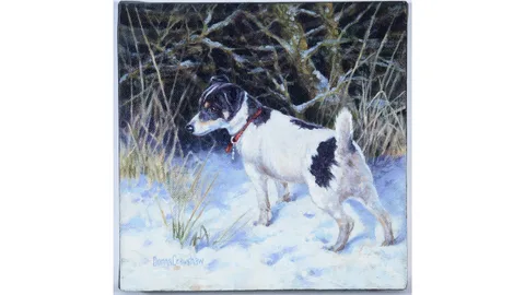 Donna Crawshaw, Terrier in the Snow, oil on box canvas