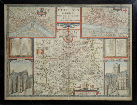 John Speed, Map of Middlesex, copperplate engraving, hand-tinted