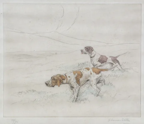 George Vernon Stokes, Pointers on the Moor, limited-edition etching, 58/75