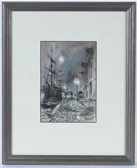 Cecil Peter Knox, The Quayside at Night, watercolour heightened in bodycolour