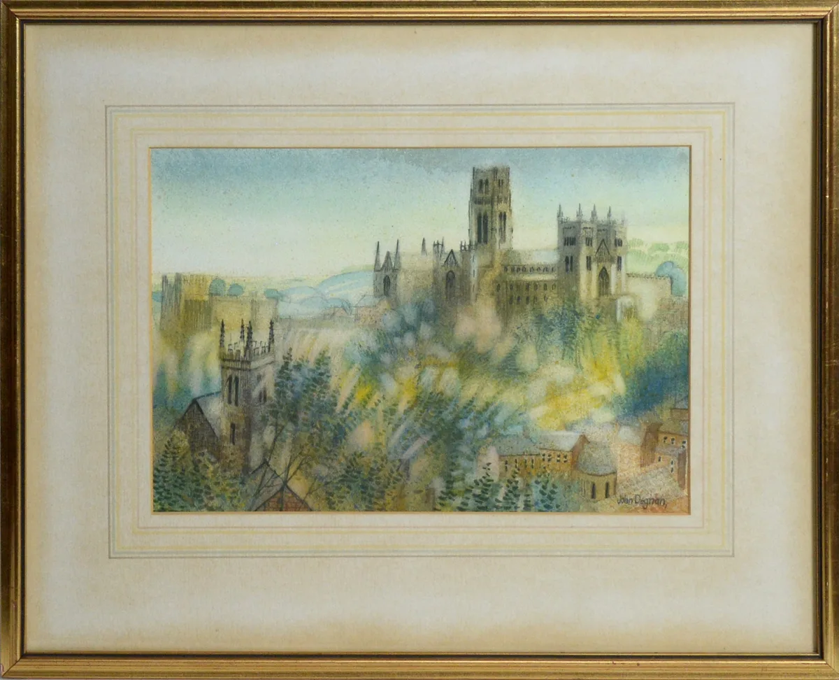 John Degnan, Morning Mists, Durham depicted from The Battery, watercolour