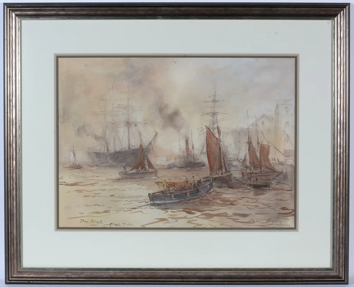 Cecil Peter Knox, The Dock, High Tide, watercolour