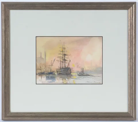 Cecil Peter Knox, Tall Ships and a Steam Tug at Dusk, watercolour