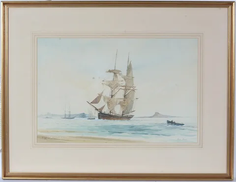 Cecil Peter Knox, Brigante Coming to Anchor, Holy Island, Northumberland, watercolour